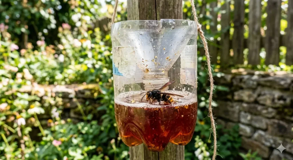 image générée par l'IA, piège à frelons et guêpes à installer au printemps, dans un arbre.